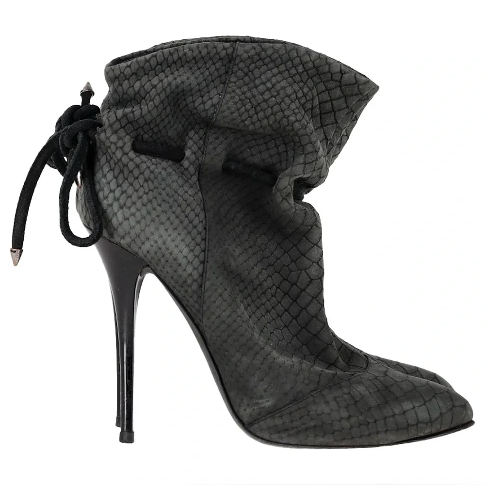 Giuseppe Zanotti Snakeskin Ankle Boots Grey Suede Stiletto Heel Lace Back 37